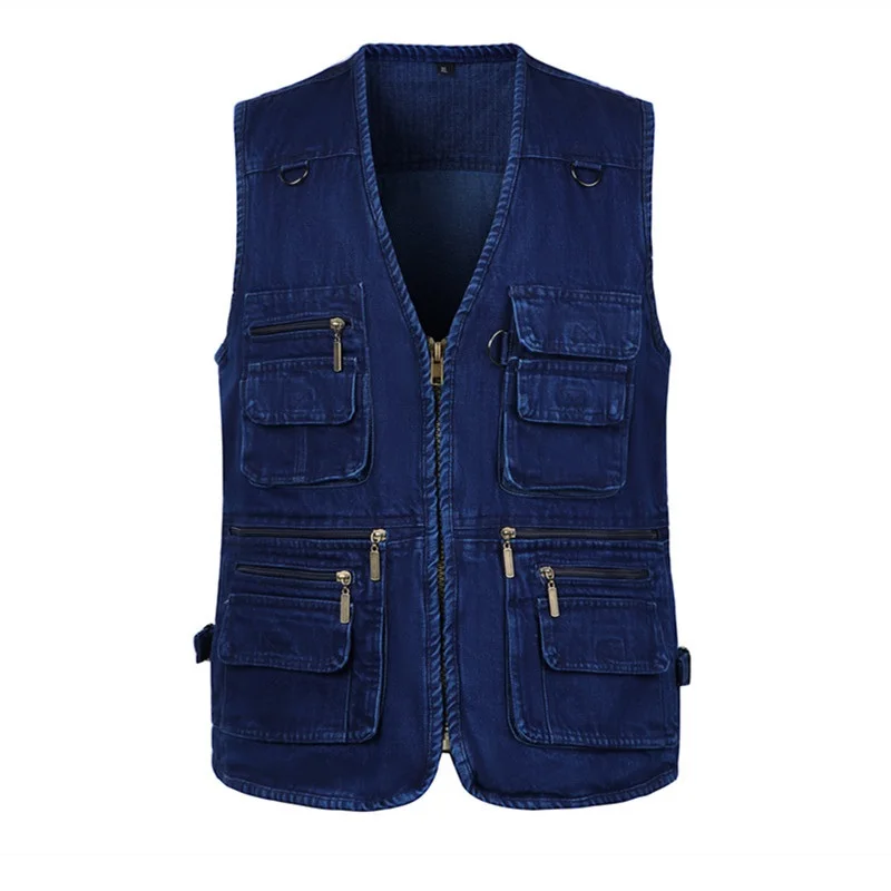 

Male Denim Vests Fashion 6XL 5XL Casual Thicken Combats Cotton Multi Pocket Sleevless Coats Jean Jacket Zipper Men's Waistcoats