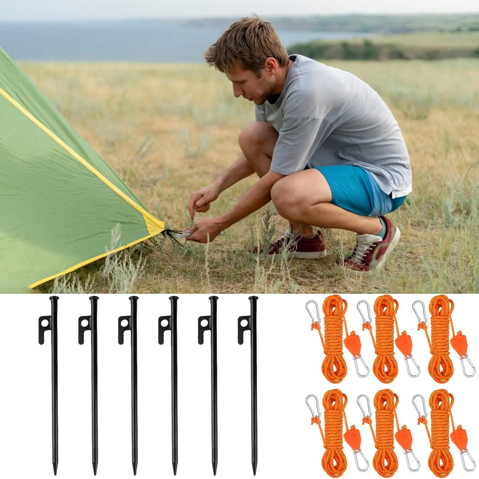 6Pcs Outdoor Tent Nail 6Pcs Adjustable Metal Gears Pulley Ropes Heavy Duty Steel Pegs Tent Stakes for Camping Awning Tent