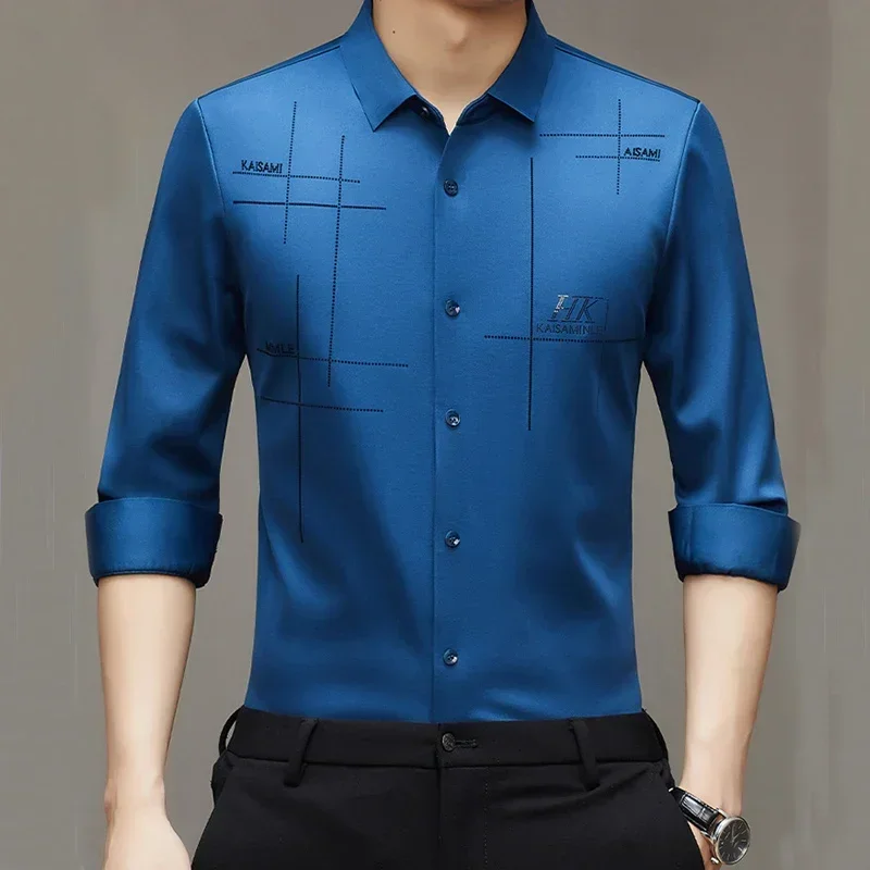 High elastic quality autumn men's long sleeved shirt new seamless shirt wrinkle resistant and ironless business dress shirt