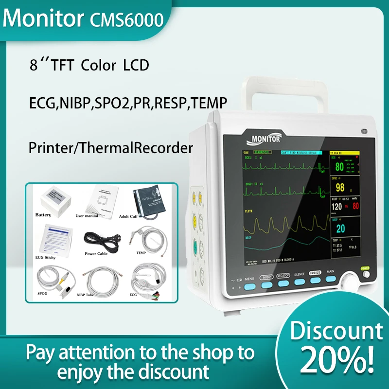 CONTEC CMS6000 Patient Monitor Human/Veterinary Portable 6 Parameter 8" Vital Sign Patient Monitor ECG NIBP RESP SPO2 PR TEMP