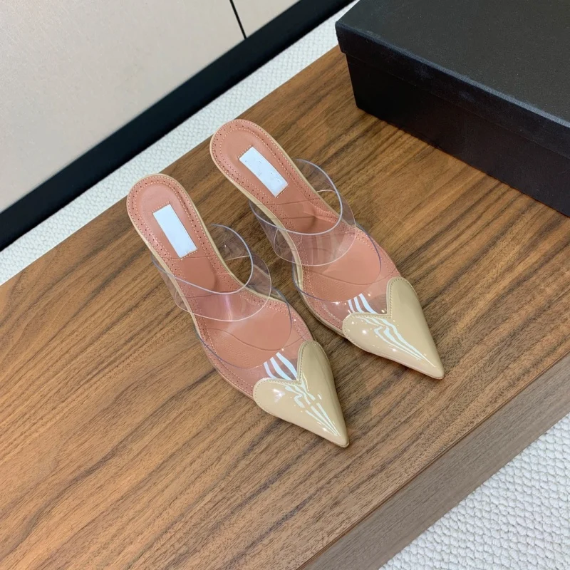 Baotou pointed middle heel sandals with a back strap, shallow mouth heart high heels, slim heels, PVC kitten heel shoes