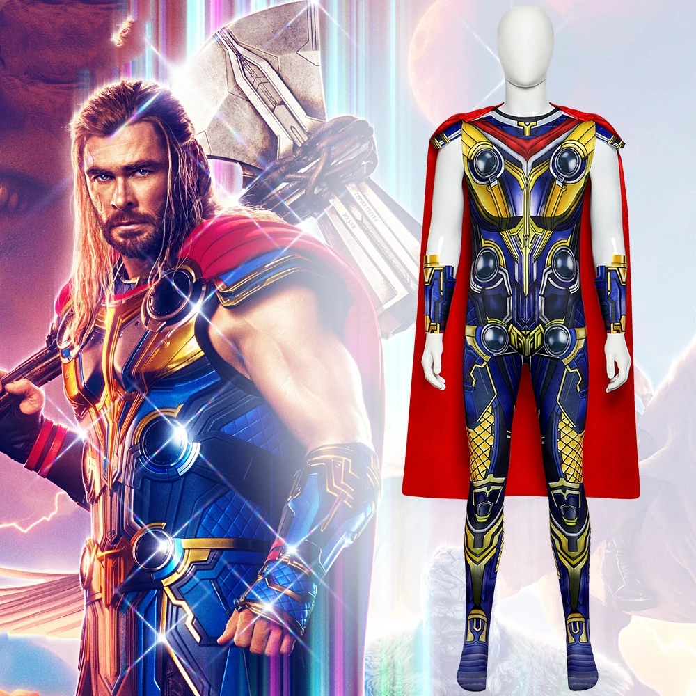 

Adult Child The Avengers Movie Thor Love and Thunder Costume Kids Superhero Thor Odinson Cosplay Jumpsuit Halloween Costume Cape