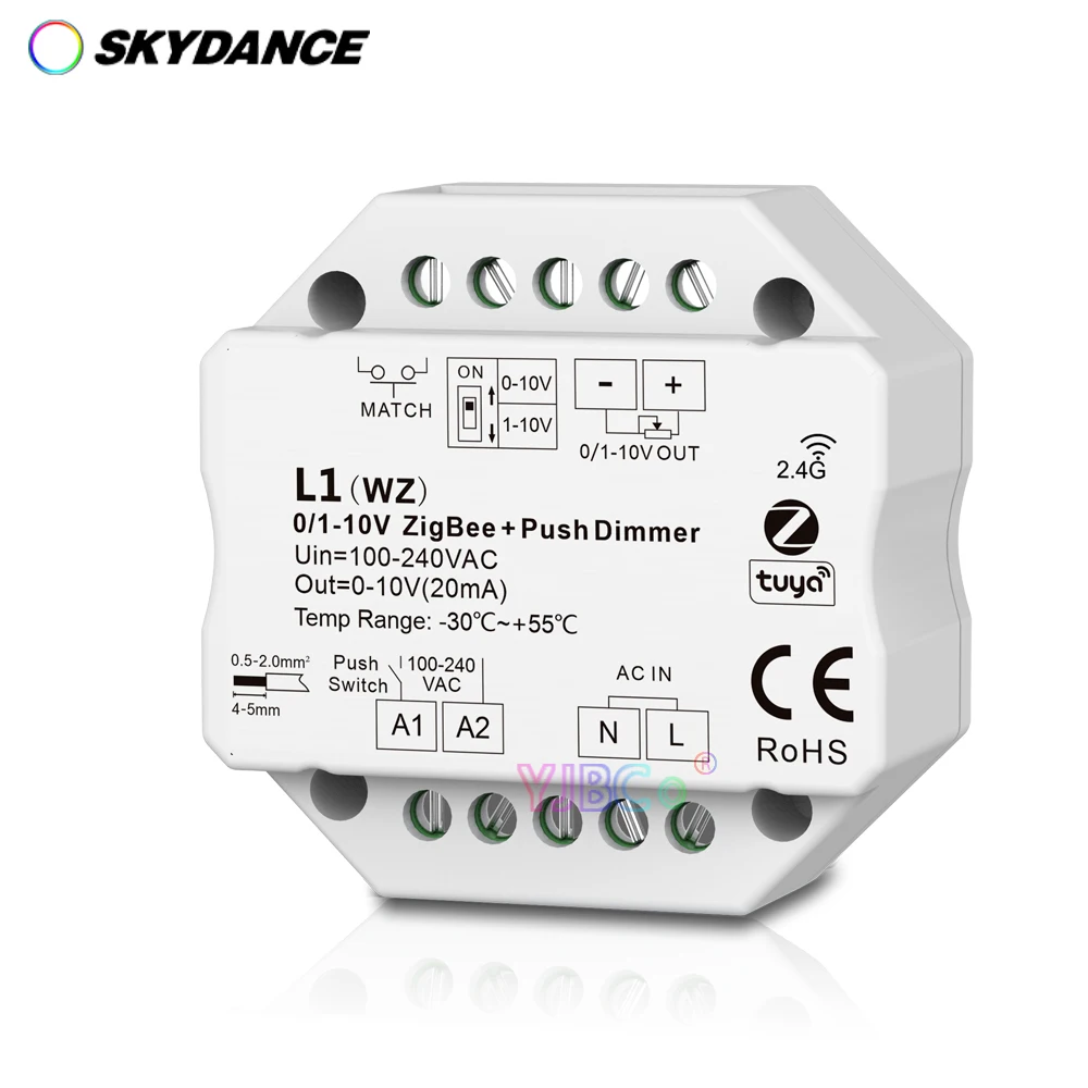 Skydance AC100-240V Output 0/1-10V (20mA) ZigBee + RF + Push Dimmer 256 levels  1CH Tuya APP Cloud on/off Controller DIP Switch 110 240v rail thermostat one way temperature controller led digital temperature controlling switch constant temperature refrigeration cooling