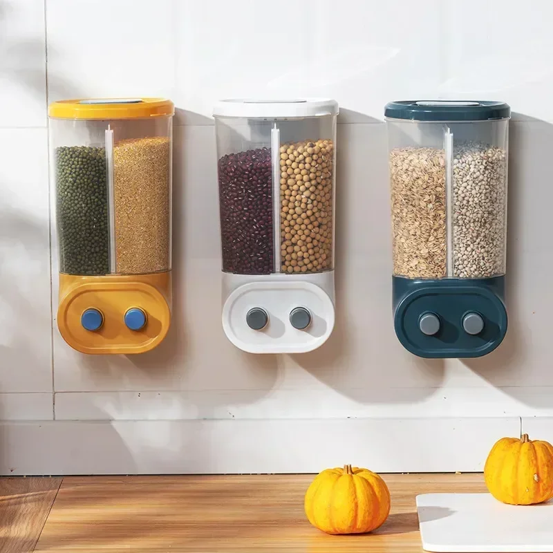 

Automatic 2grids Food Container Can Mounted Cereal Storage Dispenser Grain Moisture Tank Sealed Box Proof Wall Kitchen
