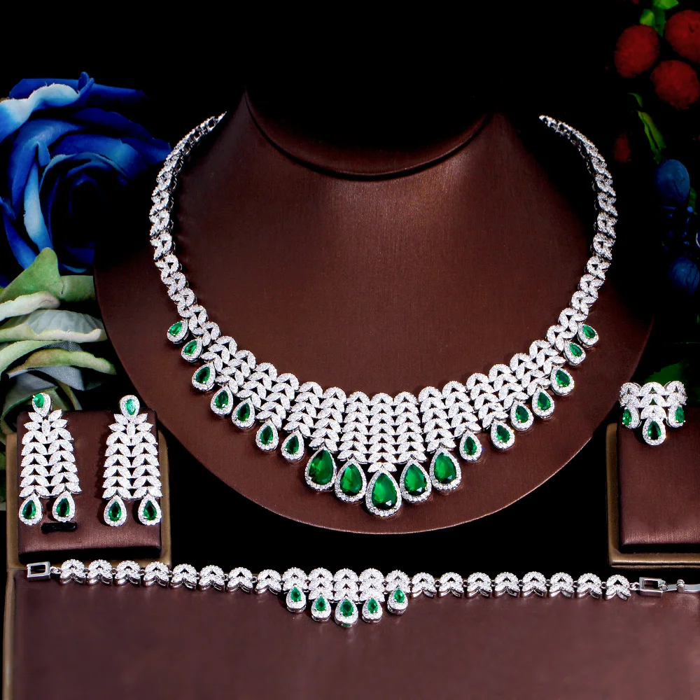 

ThreeGraces 4pcs Elegant Green Cubic Zirconia Luxury Dubai Nigerian Bridal Wedding Banquet Costume Jewelry Set for Women TZ817