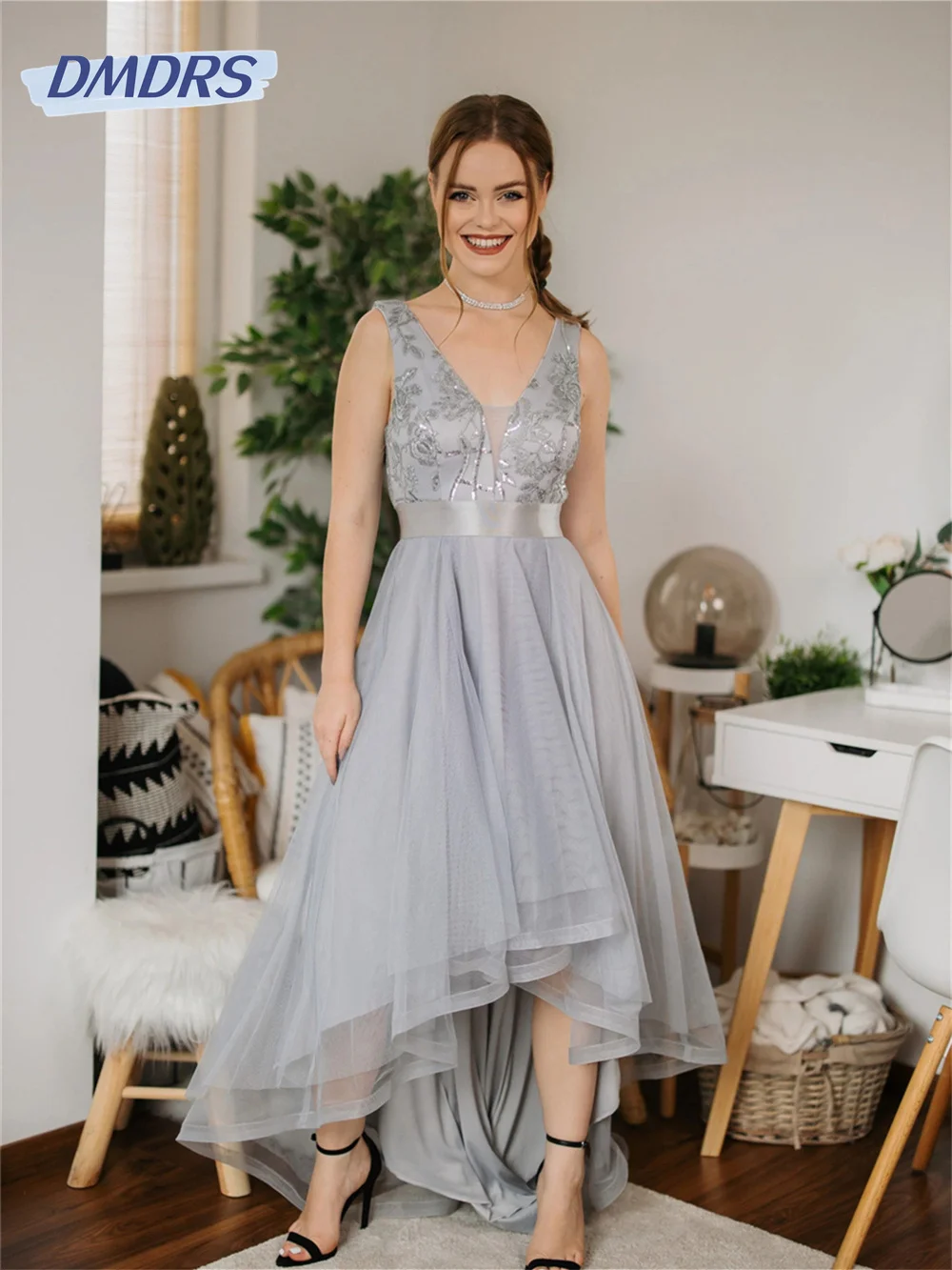 ever pretty simple and elegant deep v neck wholesale prom dress for women vestidos de gala Elegant Deep v-Neck Evening Gown 2024 Classic Short Front And Long Tulle Dress Simple Lace Gowns Vestidos De Novia