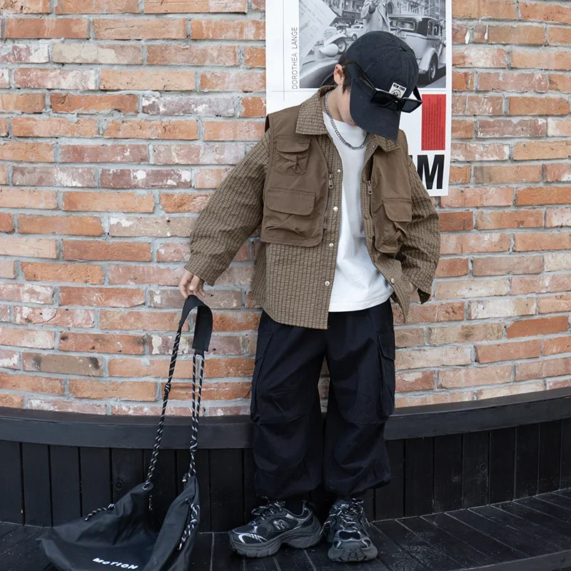 Cool Trendy Boys Long Sleeve Shirt Set Autumn Workwear Vest Two Piece Set Children's Clothing Toddler Kids Boy Fashionable Outfi