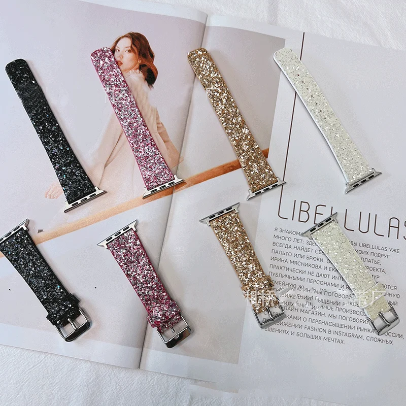 Glitter Bling Band for Apple Watch ultra 49mm 38mm 40/41mm 42mm 44mm 41mm 45mm Shiny Leather Strap IWatch Series 8 7 6 5 4 3 SE