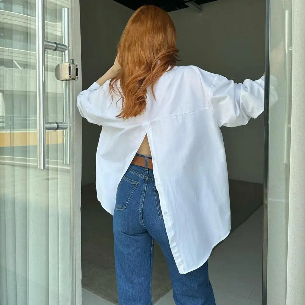 

Breathable Blouse Chic Streetwear Blouses Loose-fit Single-breasted Shirts with Irregular Hem Soft Long Sleeves for Women Solid