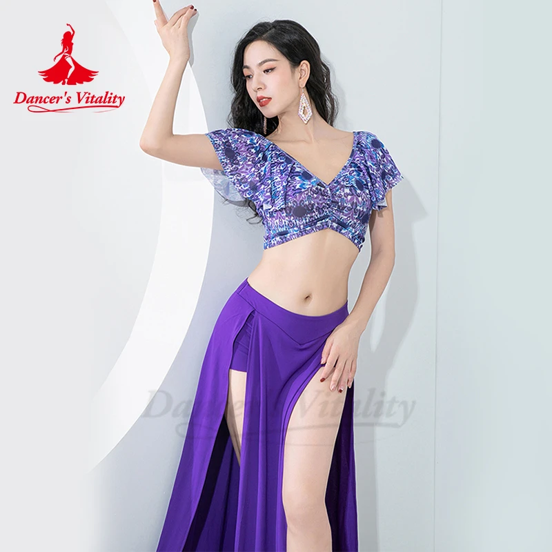 

Belly Dance Clothing for Women New Training Costume Lotus Leaf Printed Top Double Split Half Skirt Adult Oriental Dancing Outfit