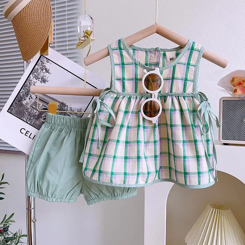 

Girls' Suit2024Summer Plaid Simple Yarn-Dyed Plaid Doll Shirt Vest Skirt Shorts Two-Piece Set-WSNY
