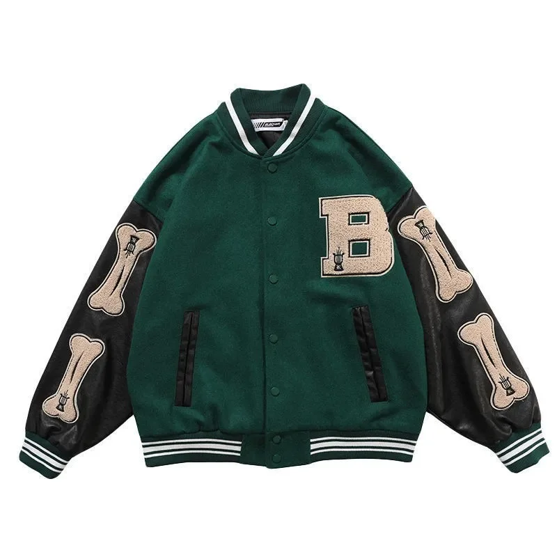 

Vintage Bone Varsity Jacket Men Leather Sleeve Plush LettermanBomber Hip Hop Coat Oversize Green Purple
