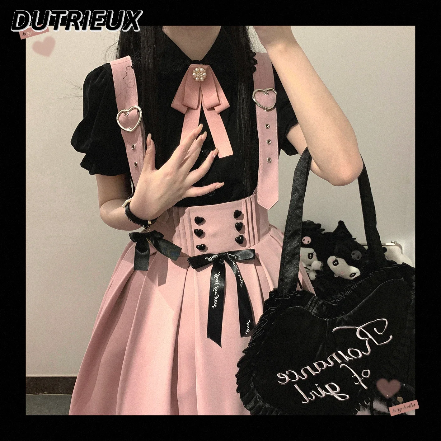 

Sweet Lolita Love Buckle Bow Suspender Skirt Women Ribbon Ruffles Stitching Puff Short Skirt Spring Autumn New Soft Girl Faldas