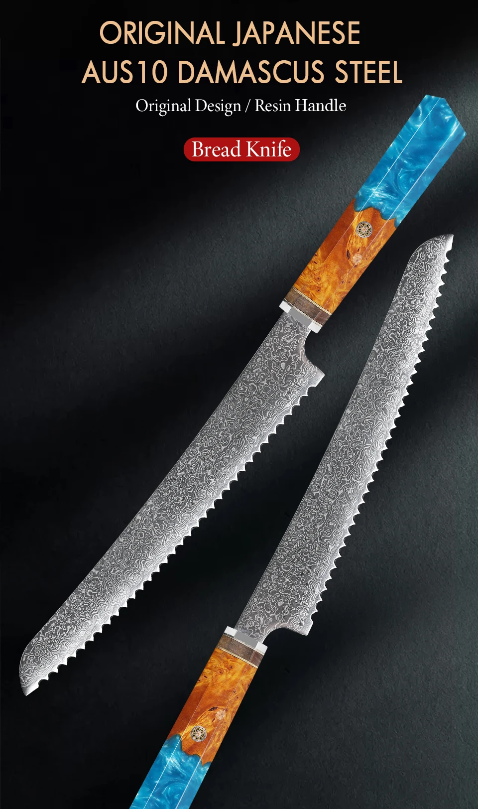Description Picture 2 of item8.5-inch Serrated Bread Knife Damascus Steel AUS10 Kitchen Japanese Chef Knives Cutting Cheese Cake Toast Slicer Cooking Tools