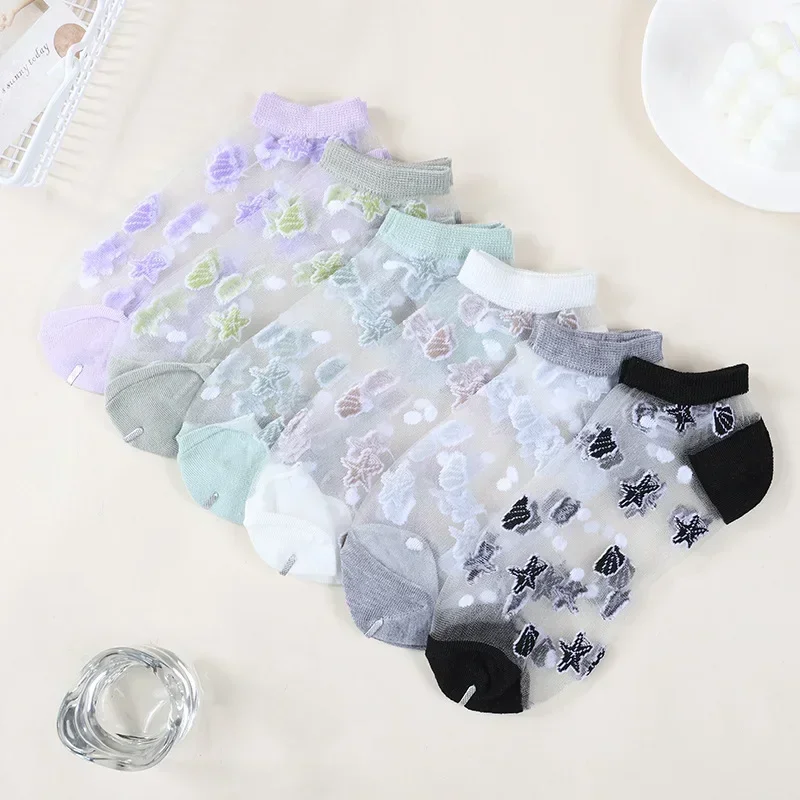 New 6 Pairs of Ppring and Summer Comfortable and Lovely Transparent Sea Glass Silk Crystal Socks2024