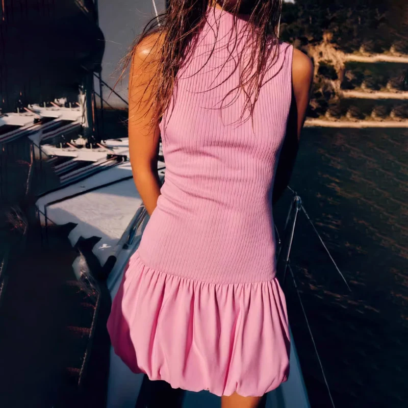 

Female Chic Summer Knitted Sexy Backless Folds Mini Dress Woman Casual Sleeveless Slim Balloon Dresses Mujer