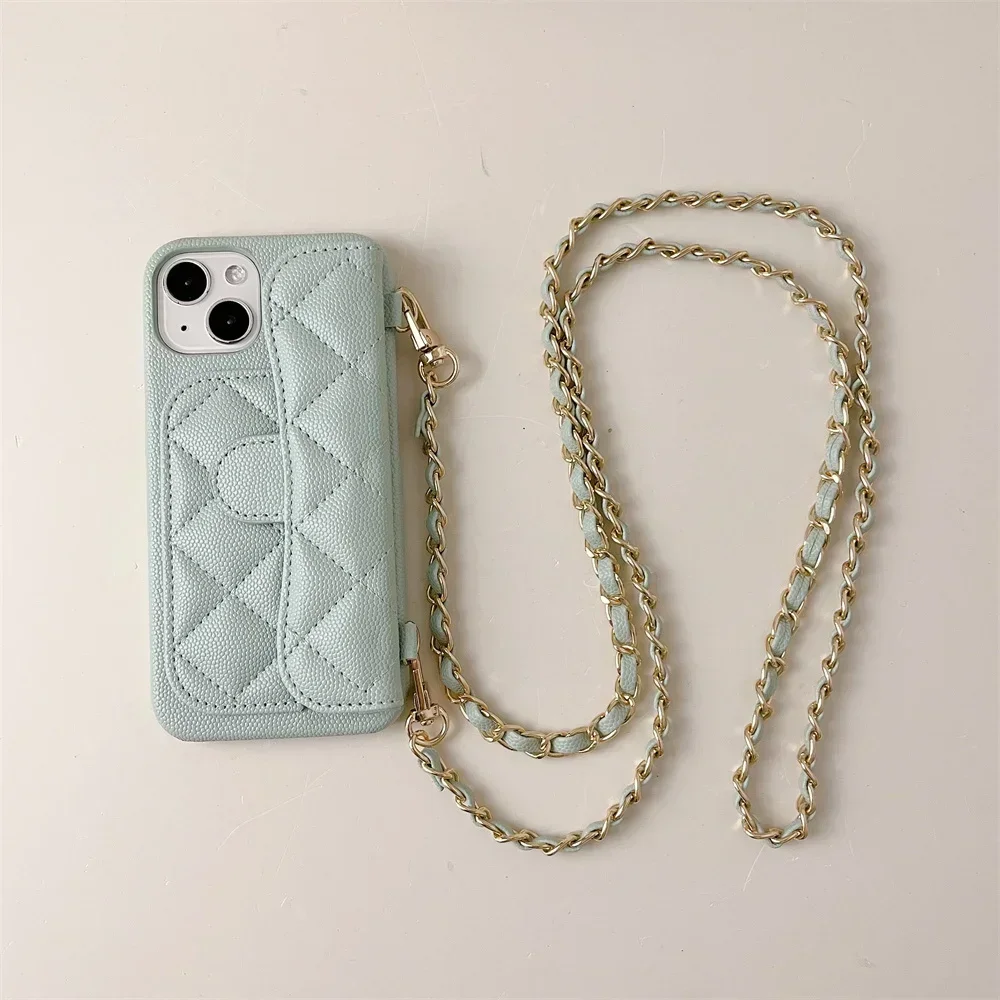 Luxury Geometric Leather Crossbody Phone Case with Necklace Chain and Card Holder