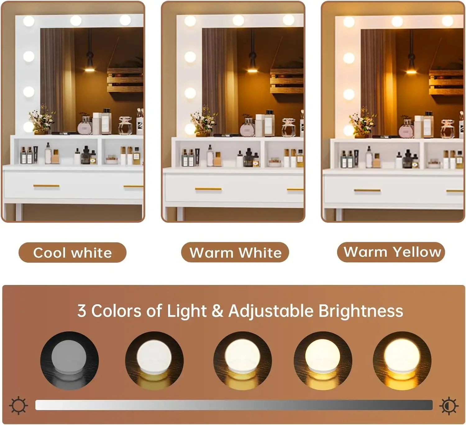 Makeup Vanity with Lights, Vanity Desk with Charging Station, White Vanity Table with 10 Light Bulbs Mirror & 3 Lighting Modes 3