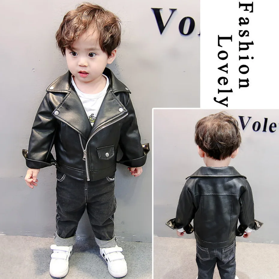 Kids Jackets Boys Leather Spring Autumn Solid Color Casual Style