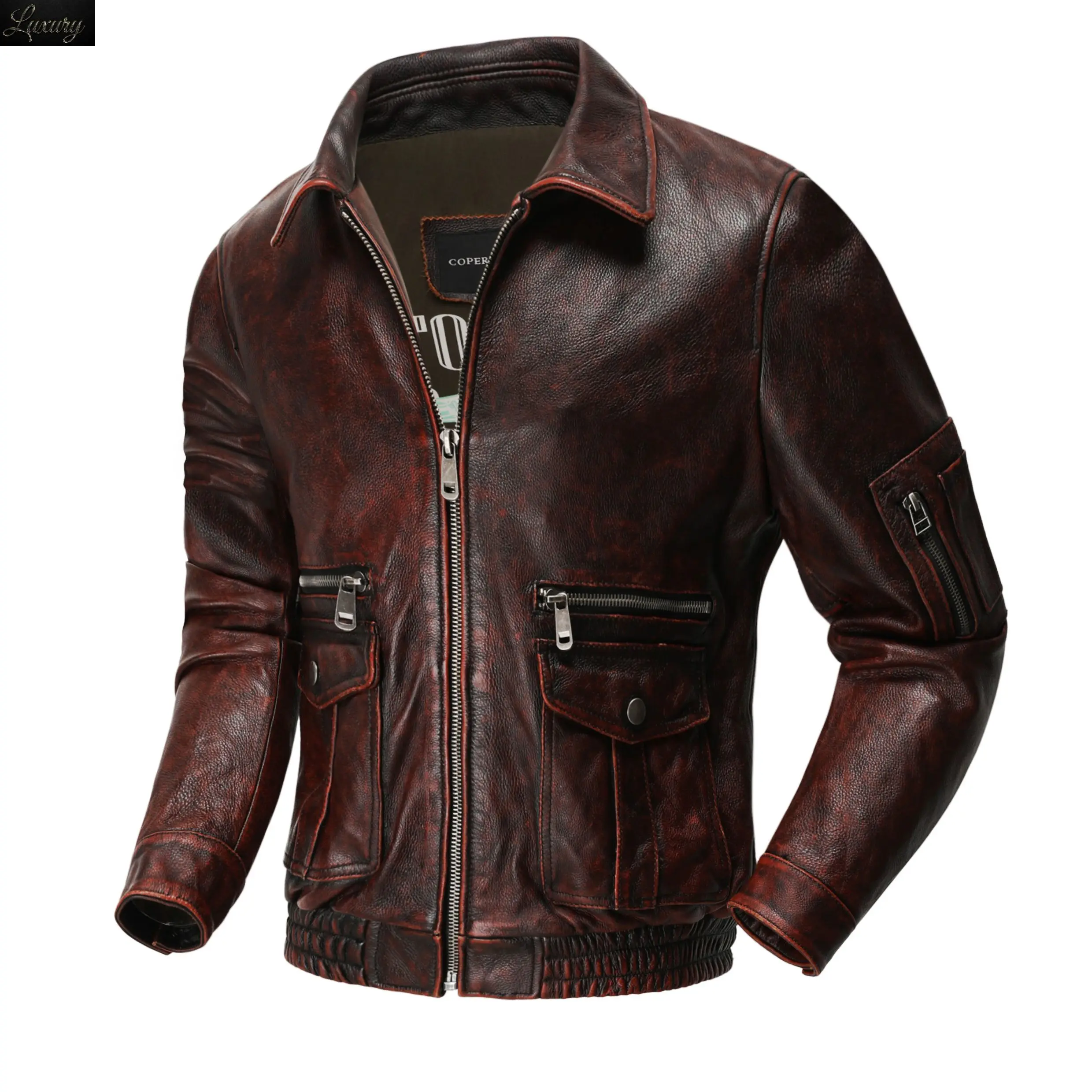 

Men Corium Air force Flight Jacket High Quality Vintage Distressed Top Layer Cowhide Red Brown Short Moto
