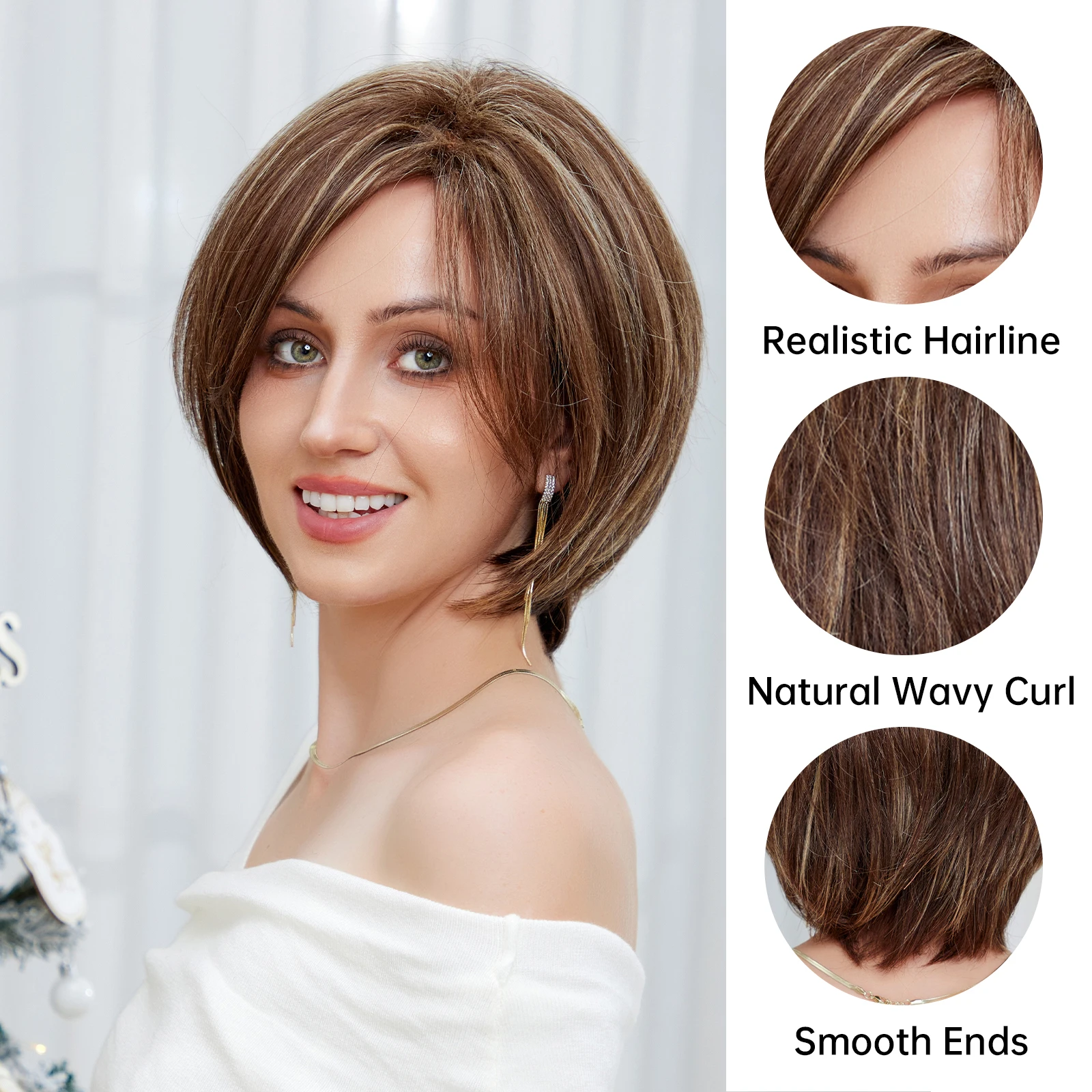 Blend Human Hair Blonde Brown Mixed Remy Human Hair Wigs Short Layered Bob Wig for White Women Machine Made Heat Resistant