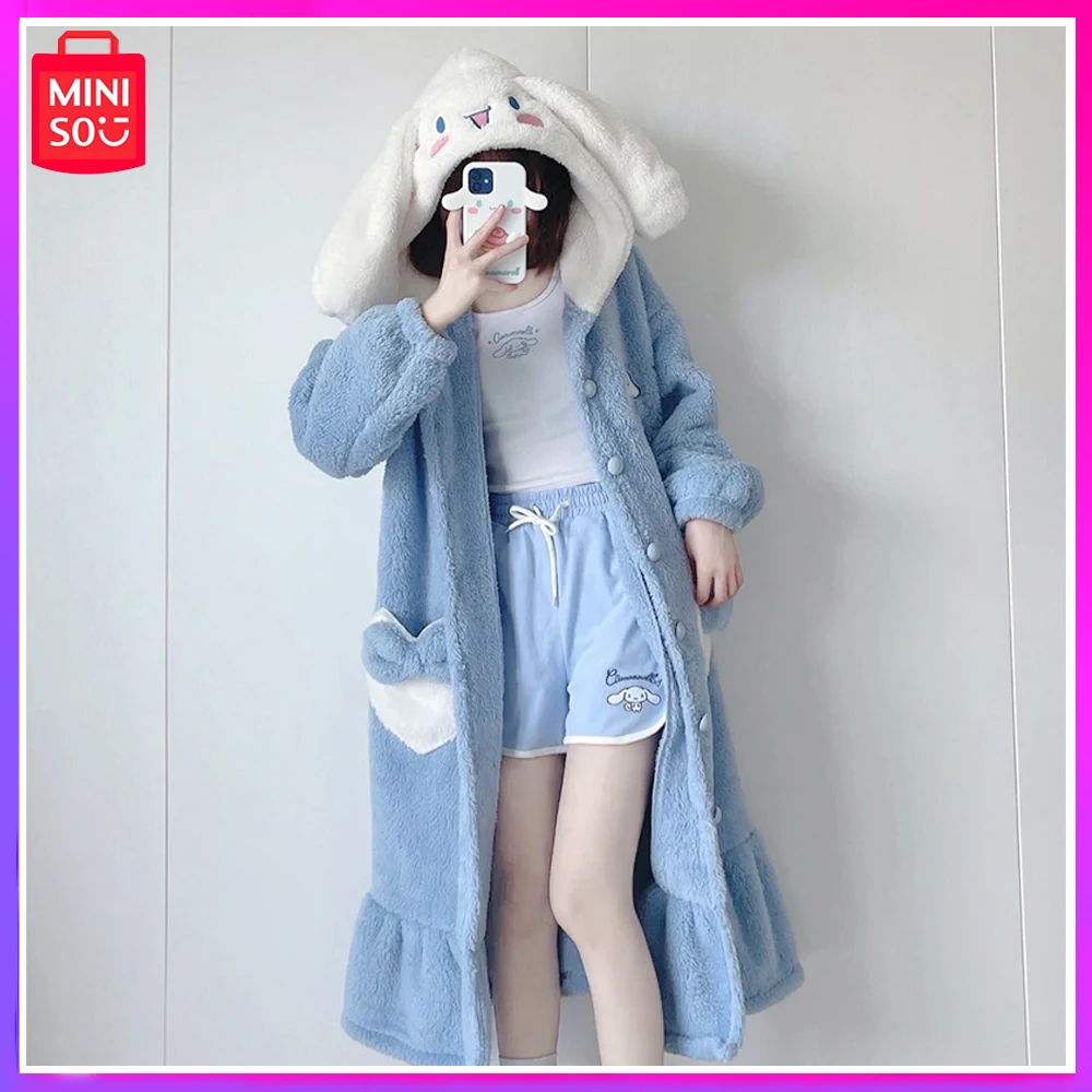 

Miniso Cinnamon Dog with Velvet Thick Nightgown Women Coral Velvet Nightgown Cute Cartoon Homewear Long Hooded Christmas Gift
