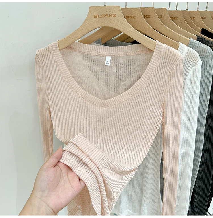 Zjaiss Damen T-Shirt mit V-Ausschnitt, Sonnenschutz, Langarm, Sommer 2026, Neuer Lazy-Style, Transparentes, Dünnes, Durchsichtiges Überwurf-Top – Detail 12
