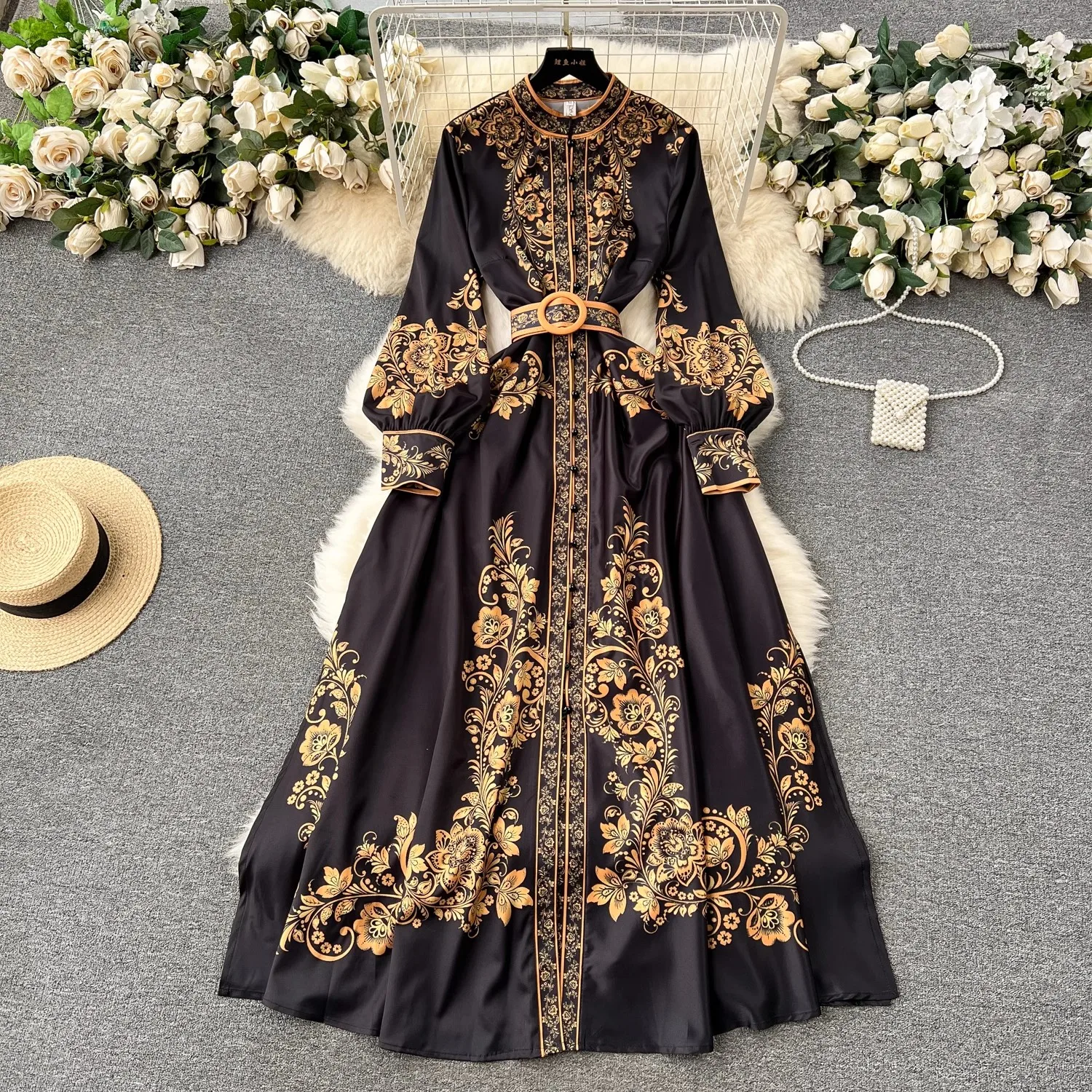 2024 Fashion Blue Flower Print Maxi Dress Women Clothing