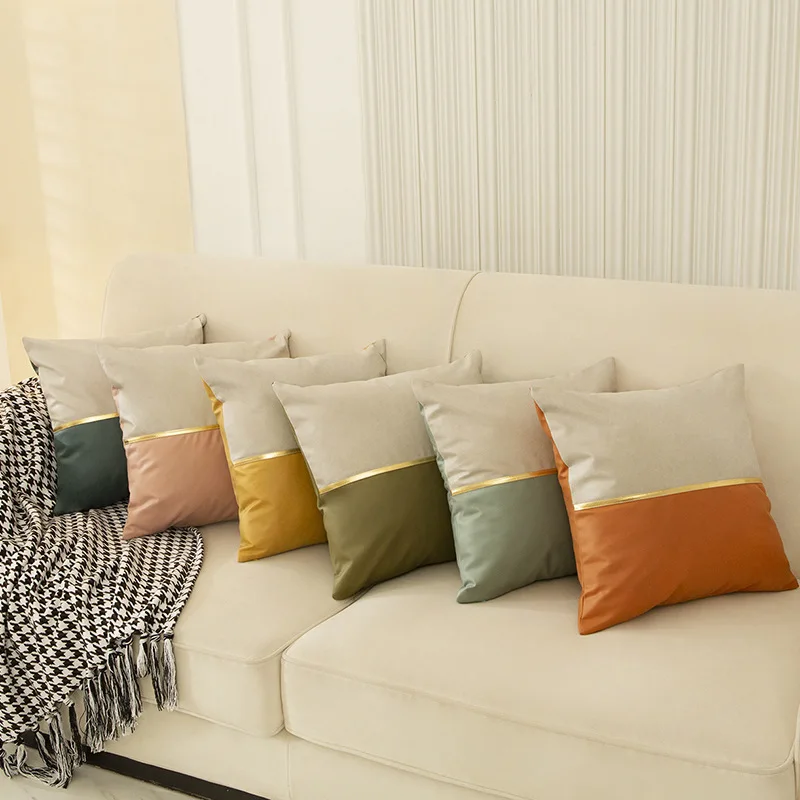 Samt-Kissenbezüge mit Gold-Leder-Patchwork Luxuriöse Moderne Minimalistische Quadratische Kissenhüllen für Wohnzimmer Bett Sofa – Detail 1