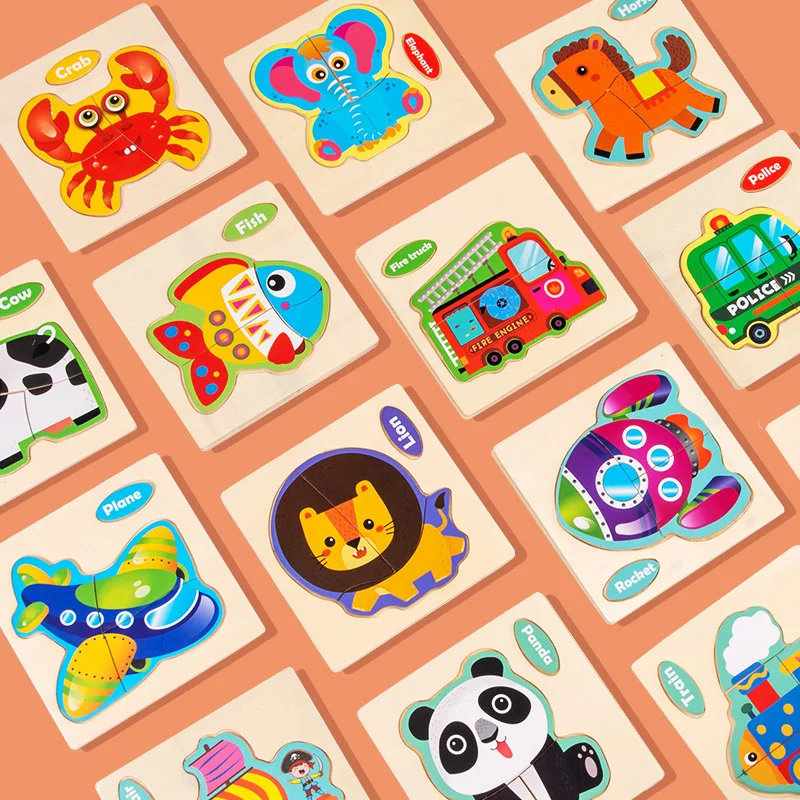 1pc 10.5cm Wood Jigsaw Puzzle Cartoon Animal Vehicle 3D Puzzles Game ...