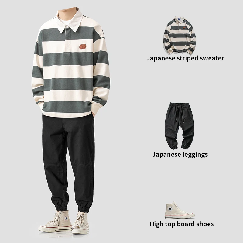 

An original set of men's wear with Japanese fashion embroidered logo polo shirt loose long sleeve T-shirt in spring and autumn