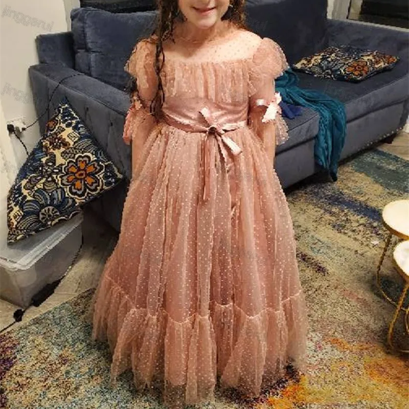 Polka Dots Tulle Floor Length Flower Girl Dresses Princess Half Sleeves Bow Sashes Holy Communion Prom Gown Kids Vestidos Ni&ntilde;a