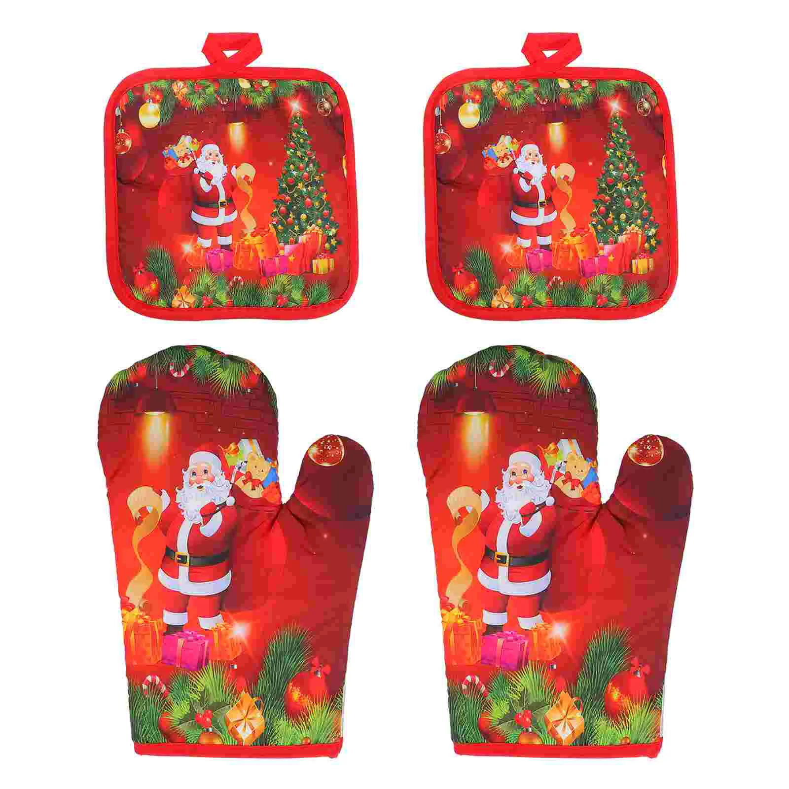 

4 Pcs Christmas Oven Gloves Nonslip Mitt Grill Heat Resistant Cushion Bbq Kitchen Thicken for Cooking