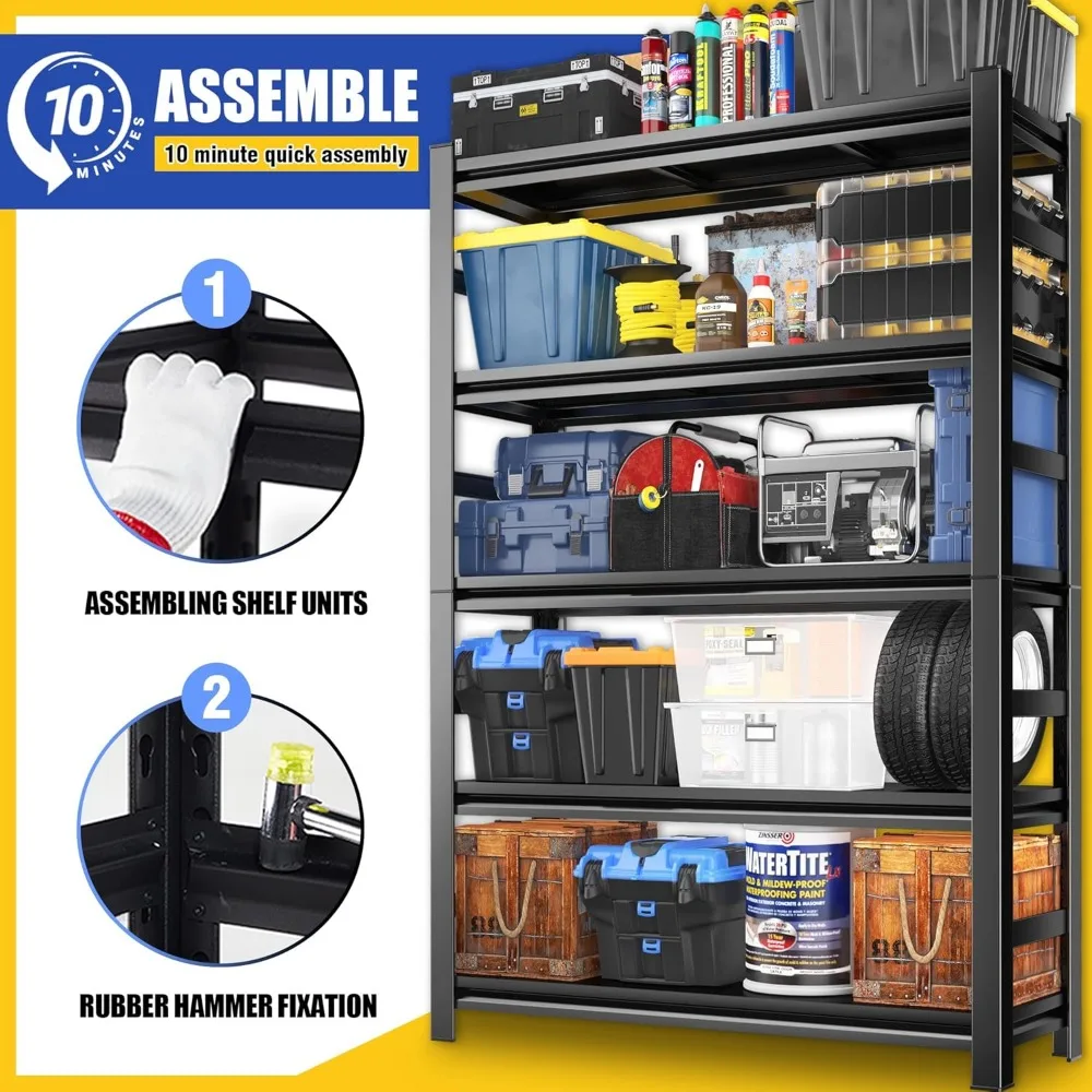 78" H Garage Shelving,3000LBS Heavy Duty Garage Storage Shelves,Adjustable 5 Tier Metal Shelving Unit 6