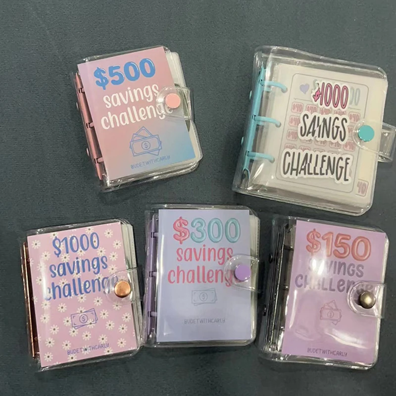 PVC 1000 돈 절약 챌린지 바인더, 단추 마감, 미니 예산바인더, 봉투 절약 챌린지 북, 내구성 휴대용