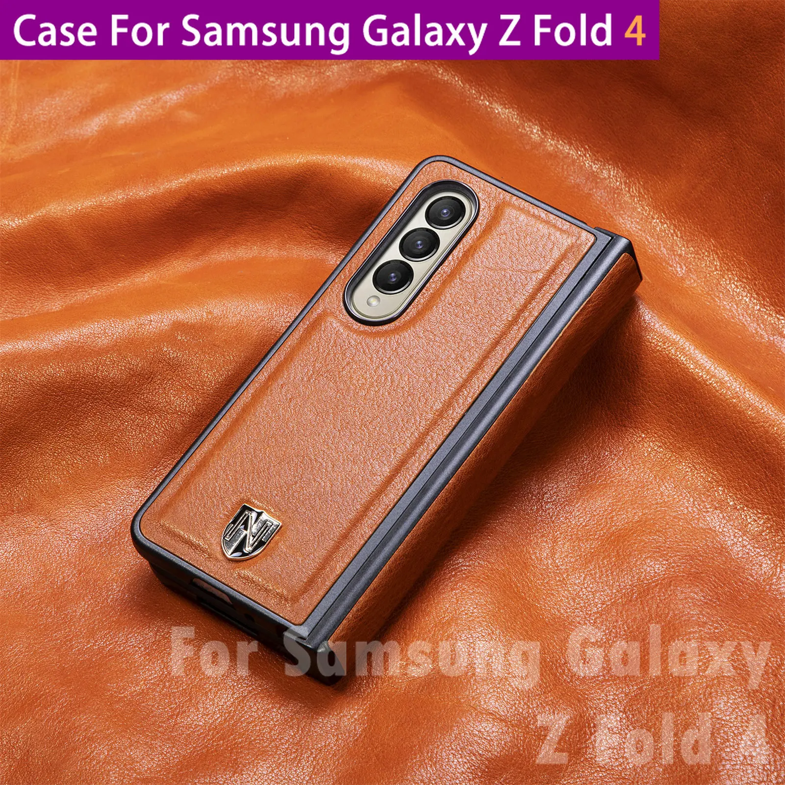 

Luxury First Layer Cowhide Material Flip Case for Samsung Galaxy Z Folder 4,Galaxy Z Fold 4 Case Business Style Solid Color