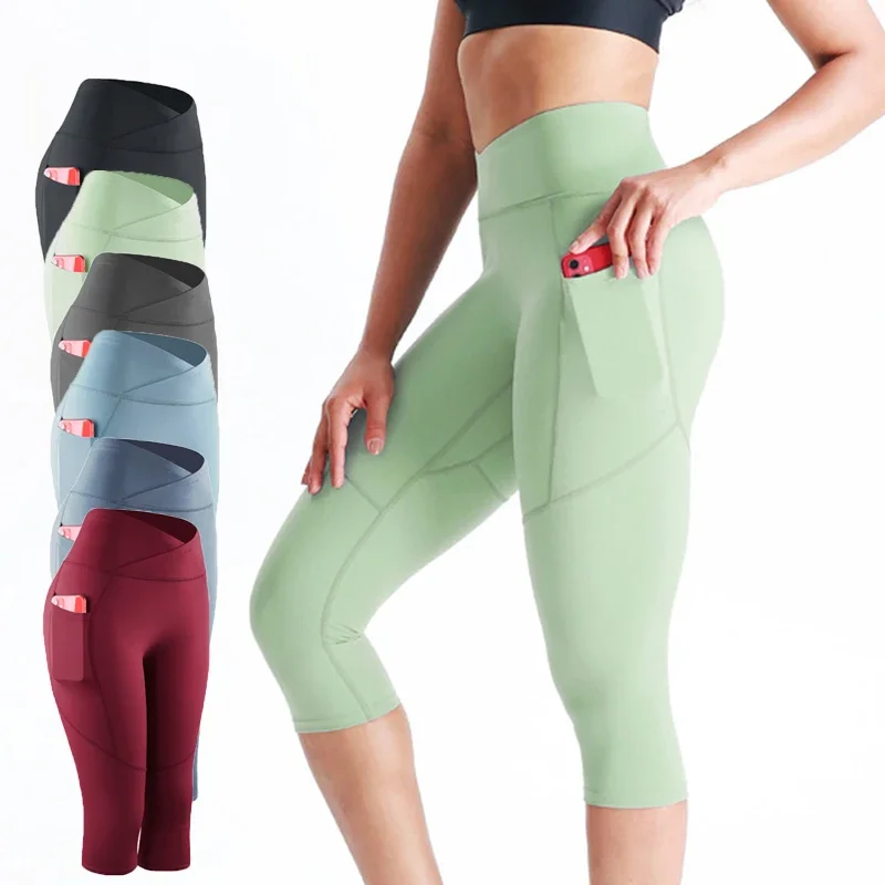 Women Kid Girl GYM Capri Running Tight Pants Basketball Football Soccer Exercise Sport 3/4 Cropped Kneelet Pocket Short Leggings