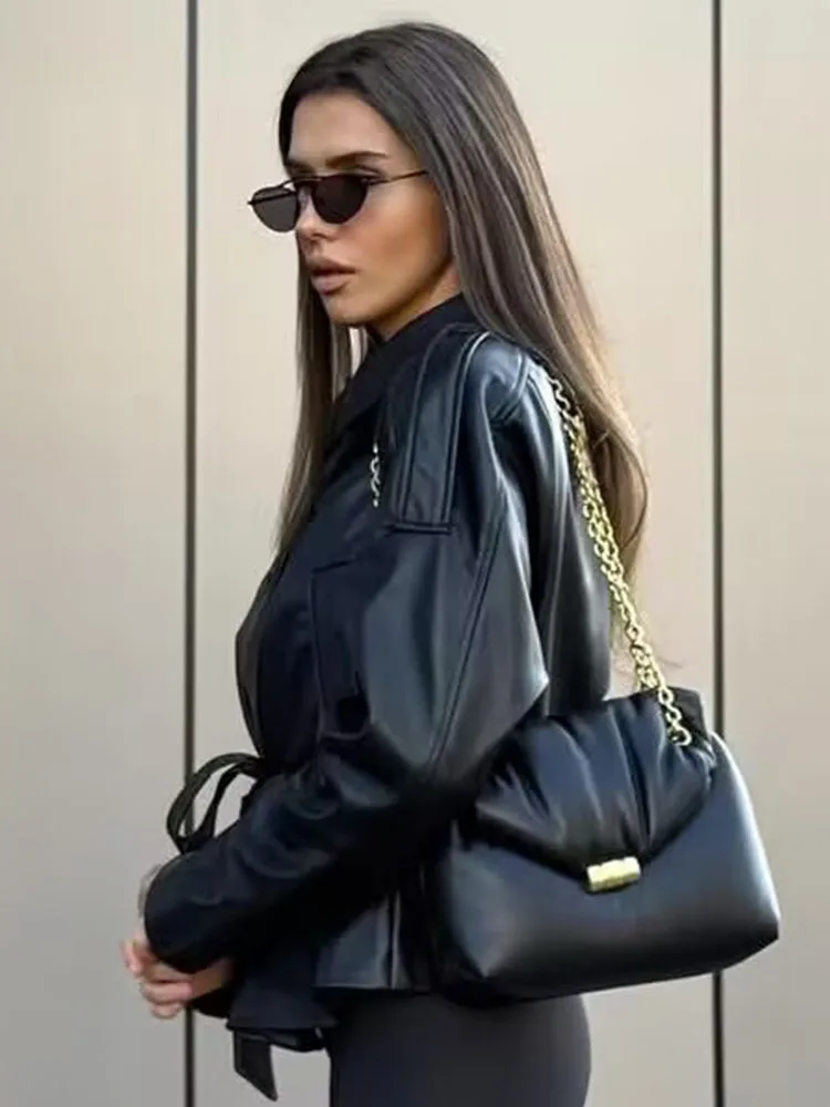 2025 Autumn Fashion Imitation Leather Effect Jacket Coat Long Sleeve With Belt Jackets For Women Streetwear Casual New Outerwear