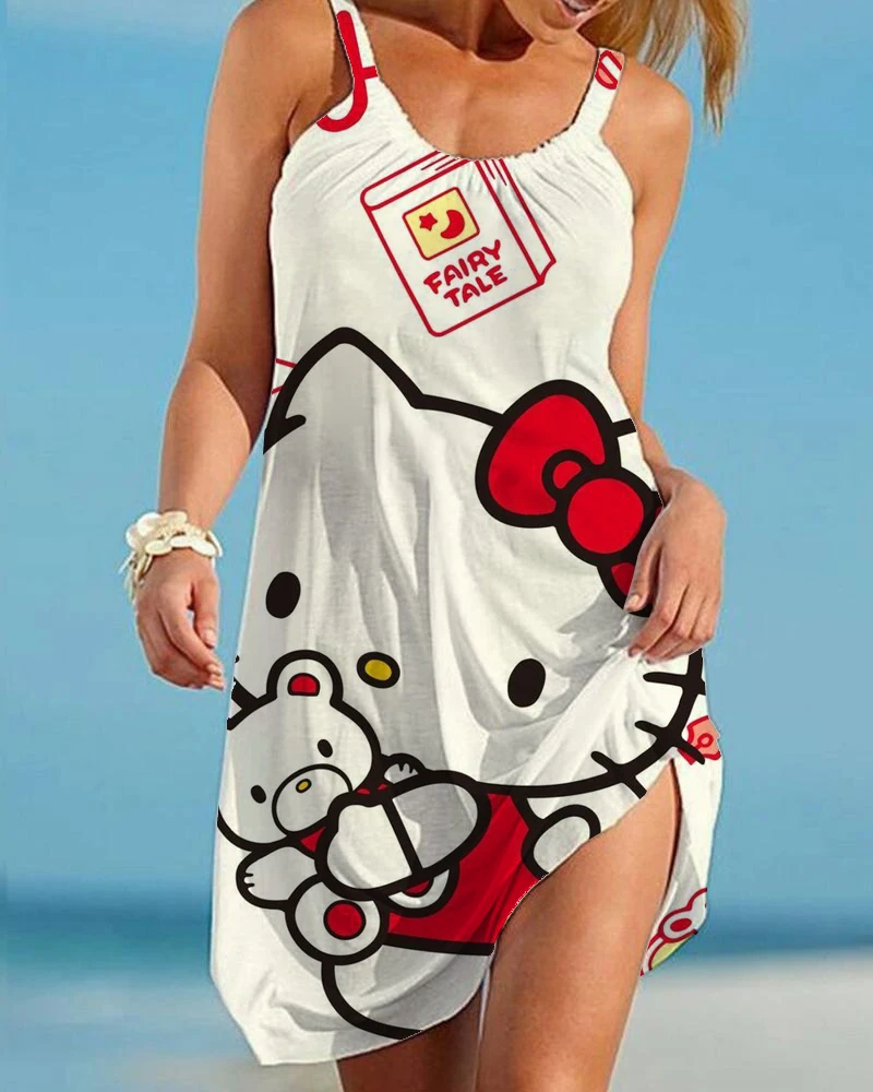 

2023 New Summer Hello Kitty Women's Beach Dress 3D Printing Pattern Party Casual Sling Dress Sleeveless Sexy Lace Dress