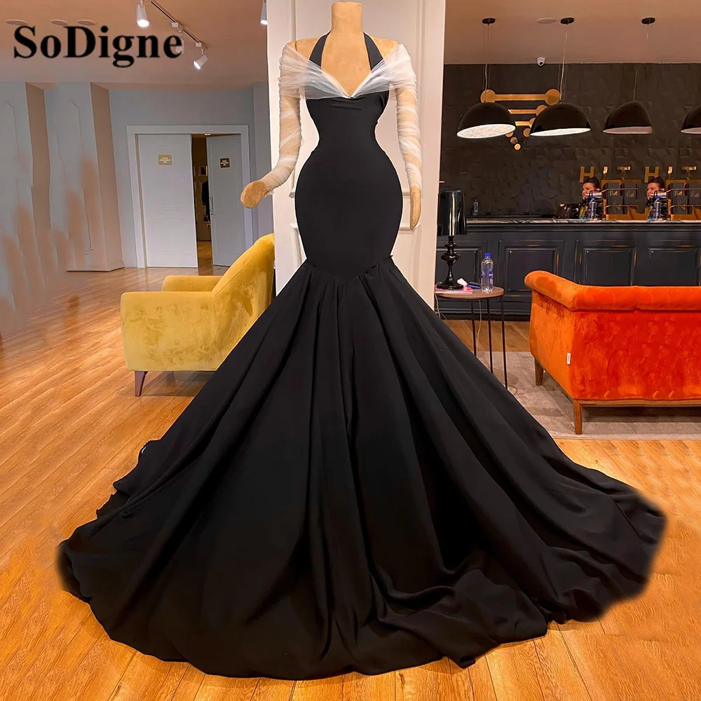 

SoDigne Black Halter Neck Mermaid Prom Dresses Formal Banquet Gown With Wrap Long Sleeve Arabic Evening Dress Vestido de Festa