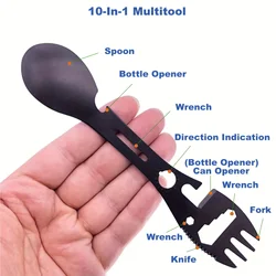 Ultimate 10-in-1 Stainless Steel Multi-Tool Spork: Portable Utensil with Spoon, Knife, Opener, and More (Black)