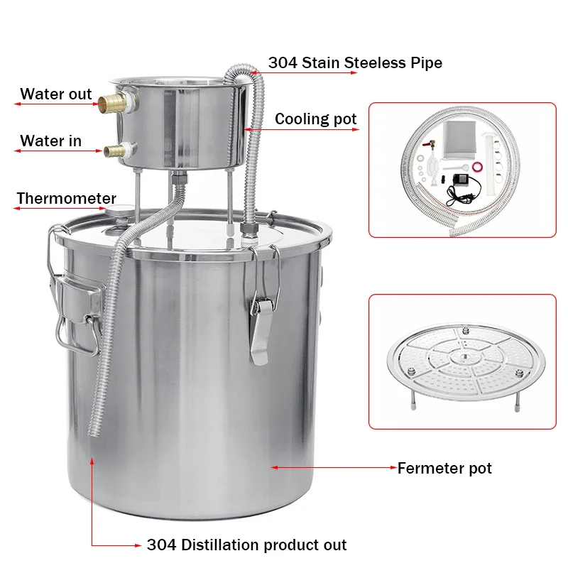 6L 22L 35L Home Brew Moonshine Distiller Copper Alcohol Distillery Stainless Boiler for Water Essential Durable Oil Brew Kit 2