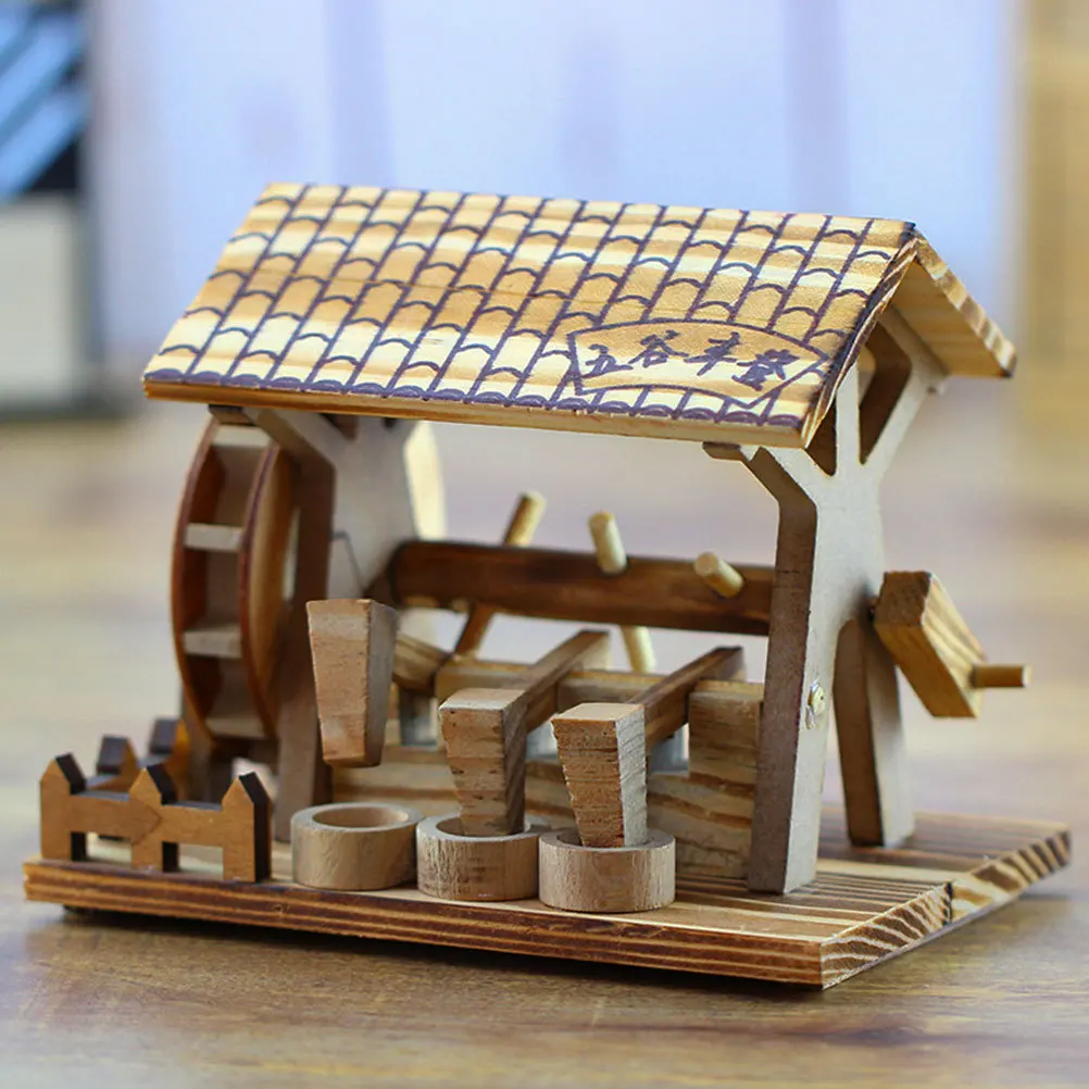 Hand Crank Water Wheel Ornament Wooden Mini Desktop Craft For Home Office Bar Decor Rustic Country Style Watermill 4
