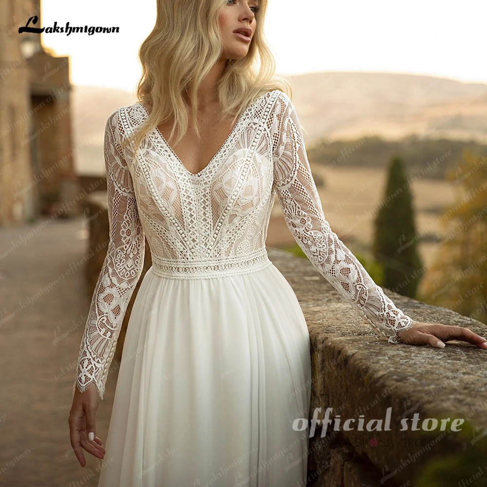 Lakshmigown Plunging Boho Wedding Dress Long Sleeve Lace Bodice Chiffon V Neck Customized Beach Bridal Gown robe mariée 3
