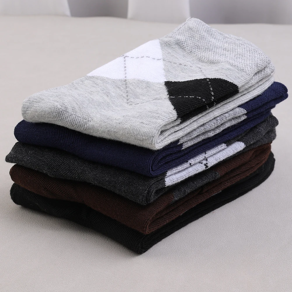 5Pairs Men Long Socks Diamond-shaped Lattice Mature Stylish Vintage Men Sock Practical  Care Skin Bamboo Fiber Sock Meia