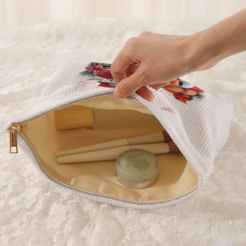 1 Christmas themed corduroy makeup bag, lightweight zipper makeup storage box, multifunctional bag with lining