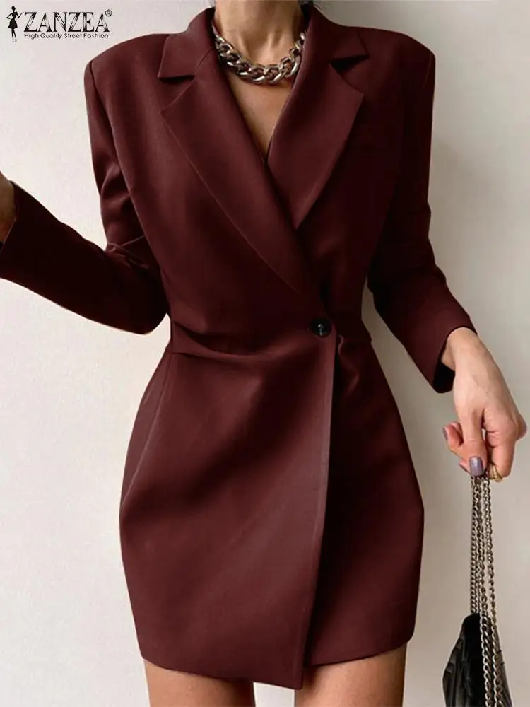 

ZANZEA Long Sleeve Waist Pleated Mini Dress Office Lady 2023 Autumn Women Wrapped Blazer Dres Fashion Suit Collar Short Robes