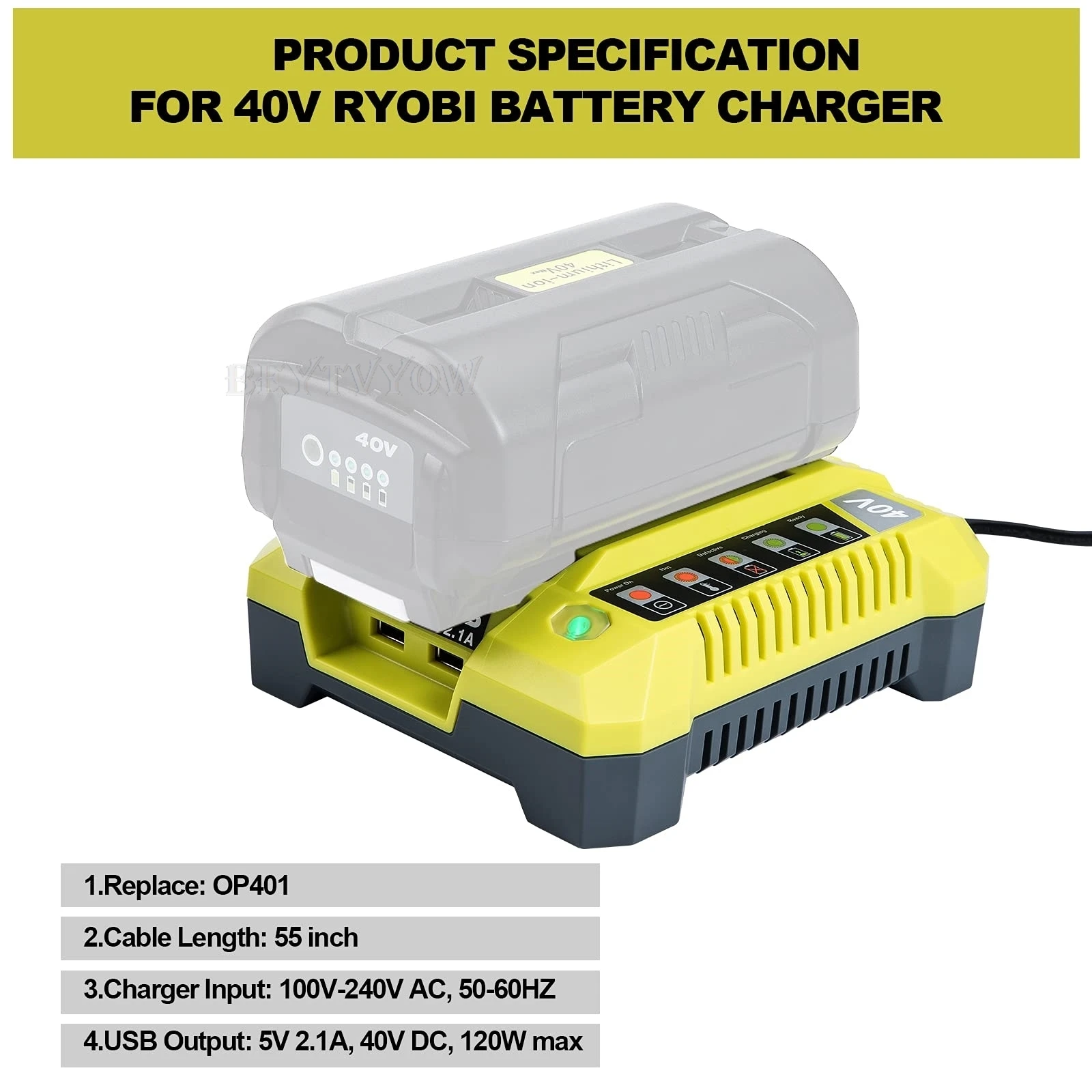 Beytvyow Super Battery Charger for Ryobi 40V Li-ion Battery Rapid Charger Statio