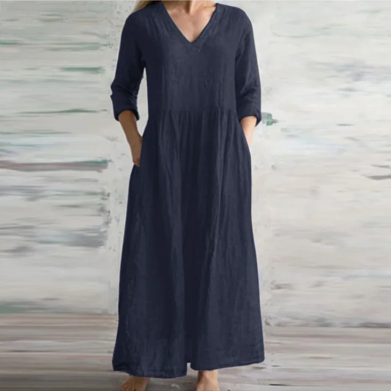 

Plus Size 3XL Long Skirt Pocket Harajuku Normcore Minimalist V-Neck Collar Five-Quarter Sleeve Pleat Stretch Dresses for Women