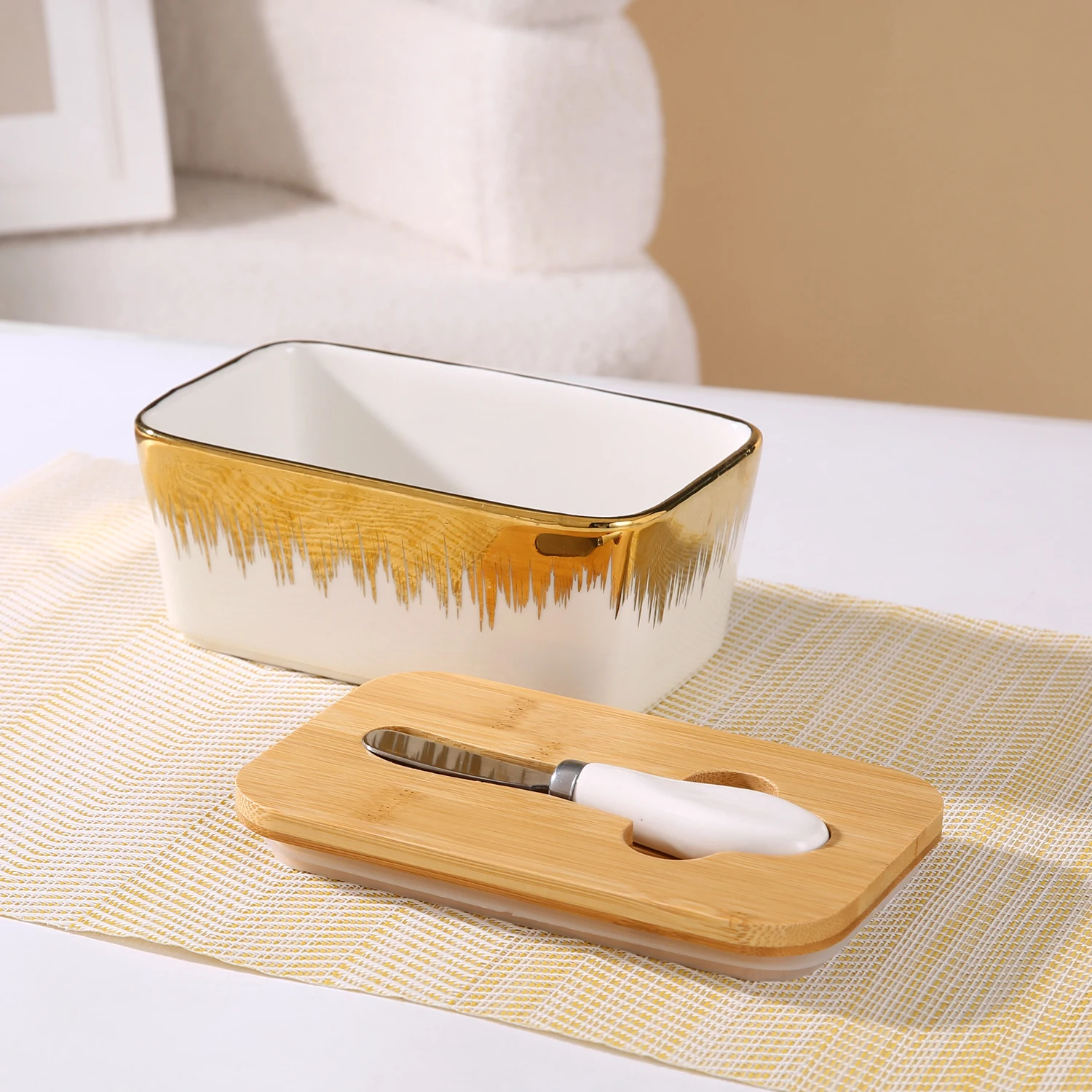 gold edged Ceramic Butter Dish With Bamboo Lid And Knife Large Butter Keeper Container For Counter Airtight Butter Holder
